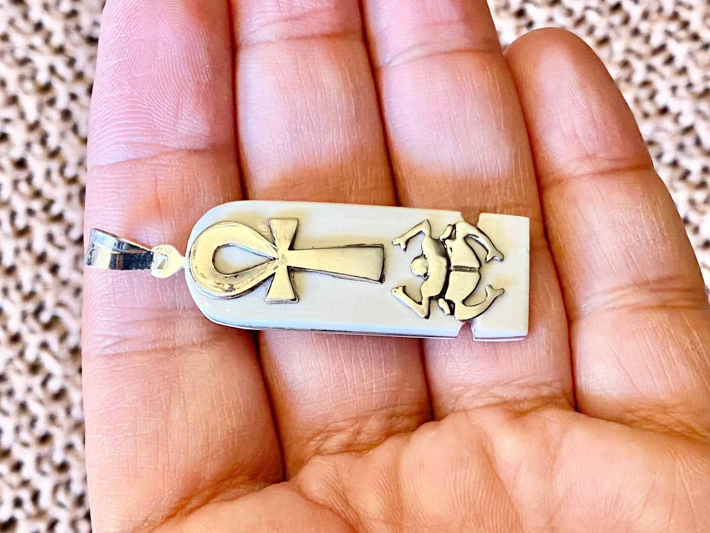 Unique Sterling silver & Camel bone Ankh and Scarab Sterling Silver Charm Cartouche Egyptian Jewelry Key Of Life and Scarab Pendant
