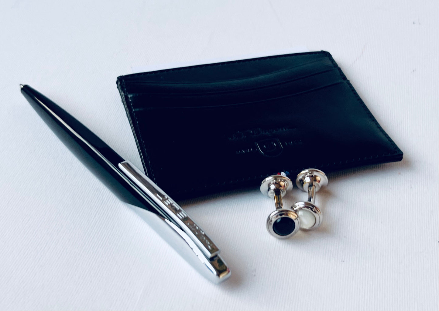 ST Dupont PALLADIUM BLACK Ballpoint And cufflinks & Wallet Cards Holder Set