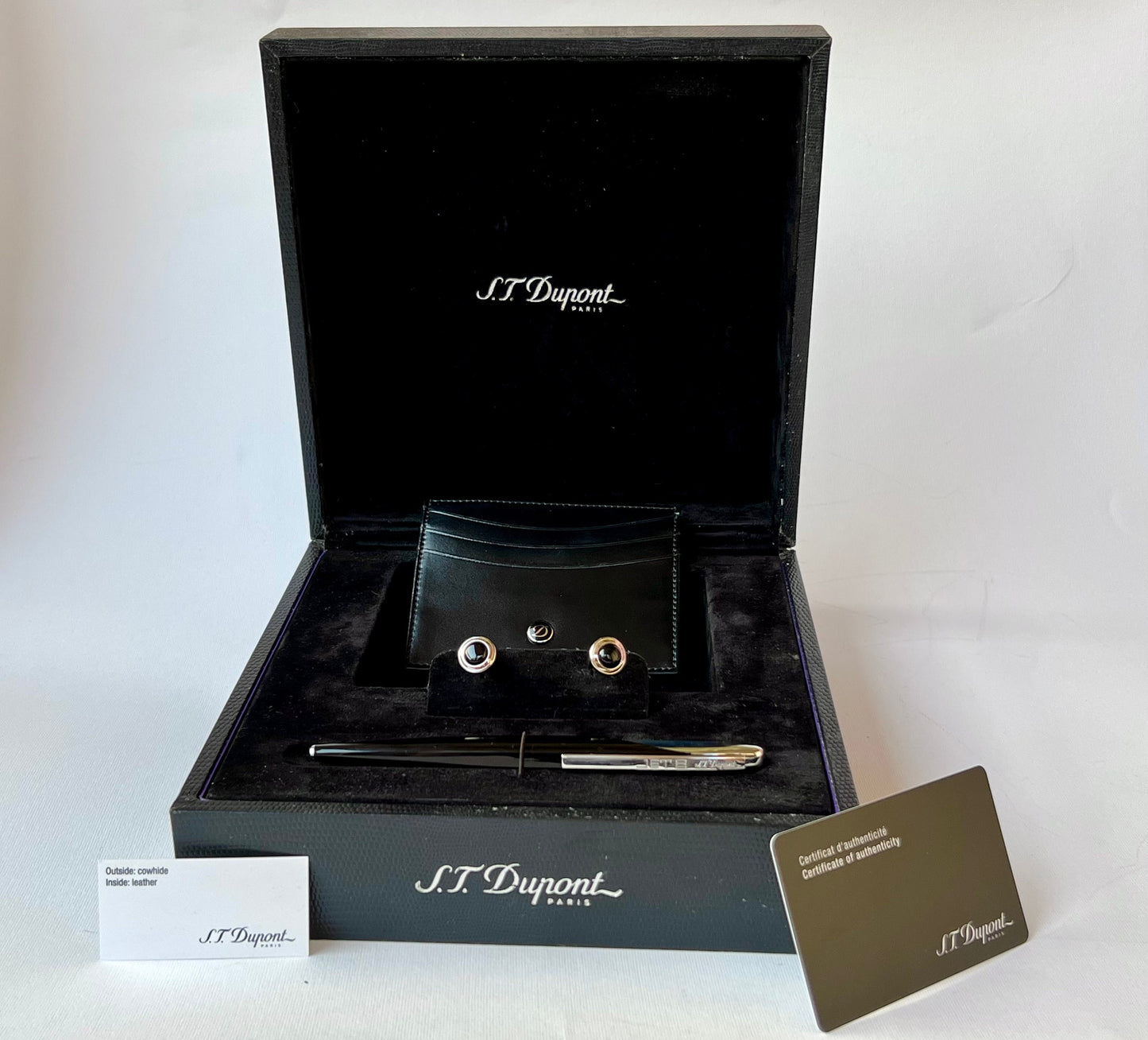 ST Dupont PALLADIUM BLACK Ballpoint And cufflinks & Wallet Cards Holder Set