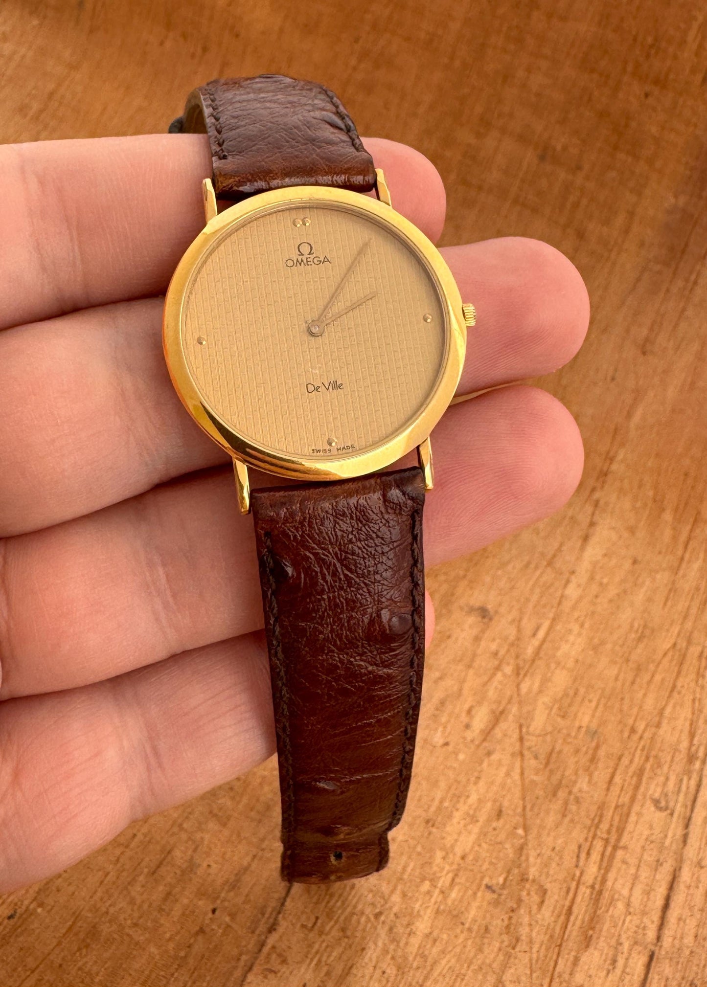 Vintage 90's Omega De Ville Ref 195.0055 Striped Dial Cal 1378 Thin Gold Plated Watch