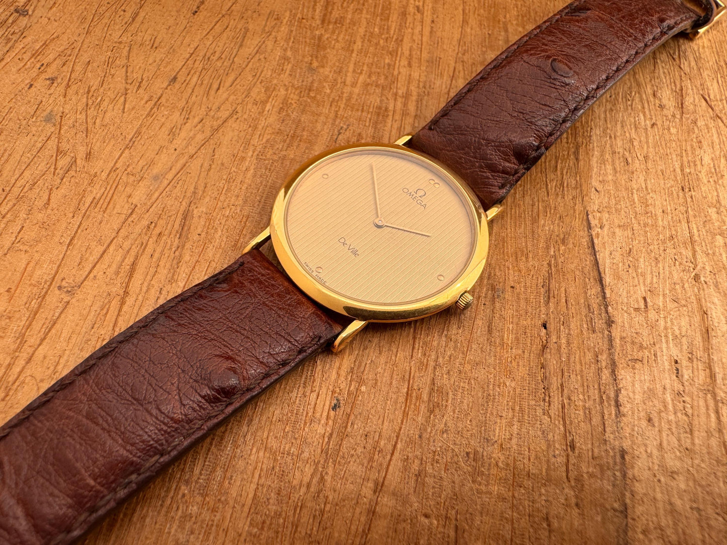 Vintage 90's Omega De Ville Ref 195.0055 Striped Dial Cal 1378 Thin Gold Plated Watch
