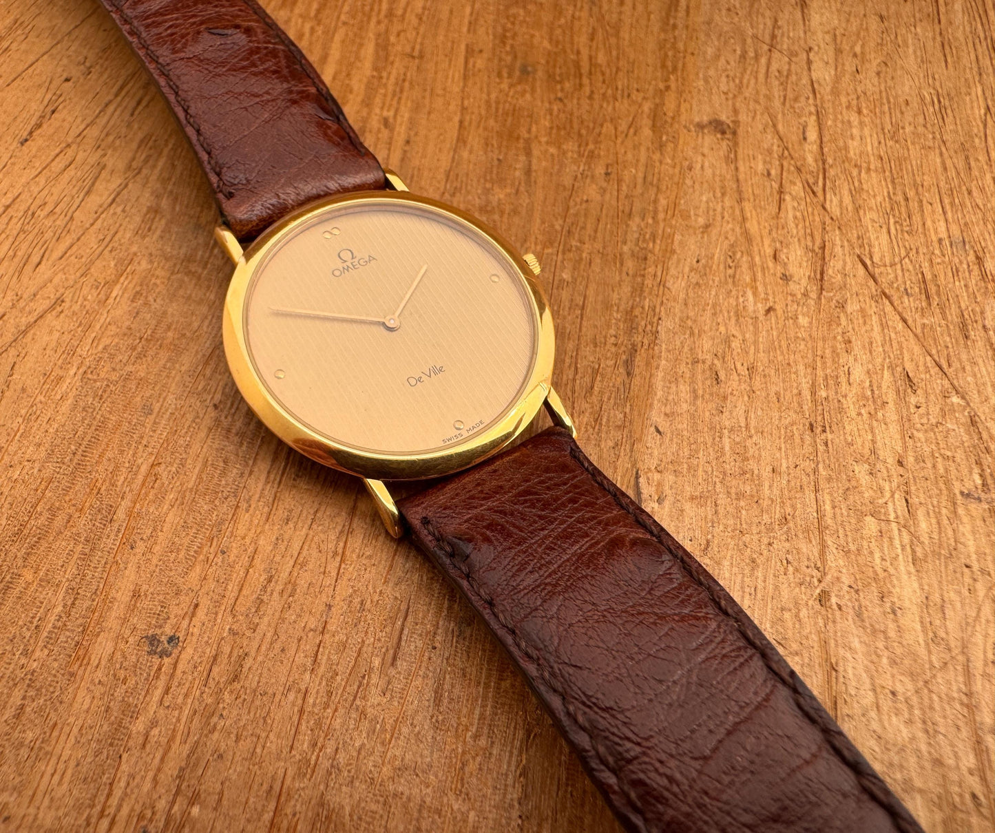 Vintage 90's Omega De Ville Ref 195.0055 Striped Dial Cal 1378 Thin Gold Plated Watch