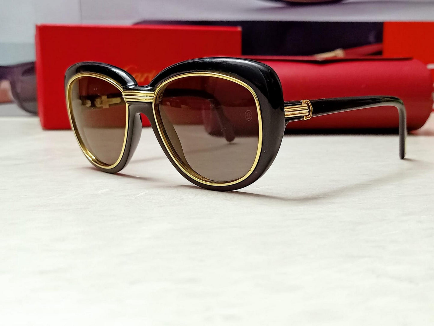 Excellent Authentic Cartier Conquete Sunglasses C. Black & Gold boxed Authentic Cartier Lenses