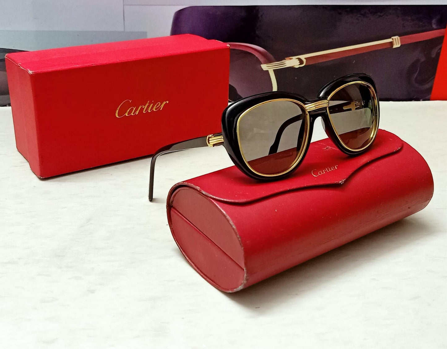 Excellent Authentic Cartier Conquete Sunglasses C. Black & Gold boxed Authentic Cartier Lenses