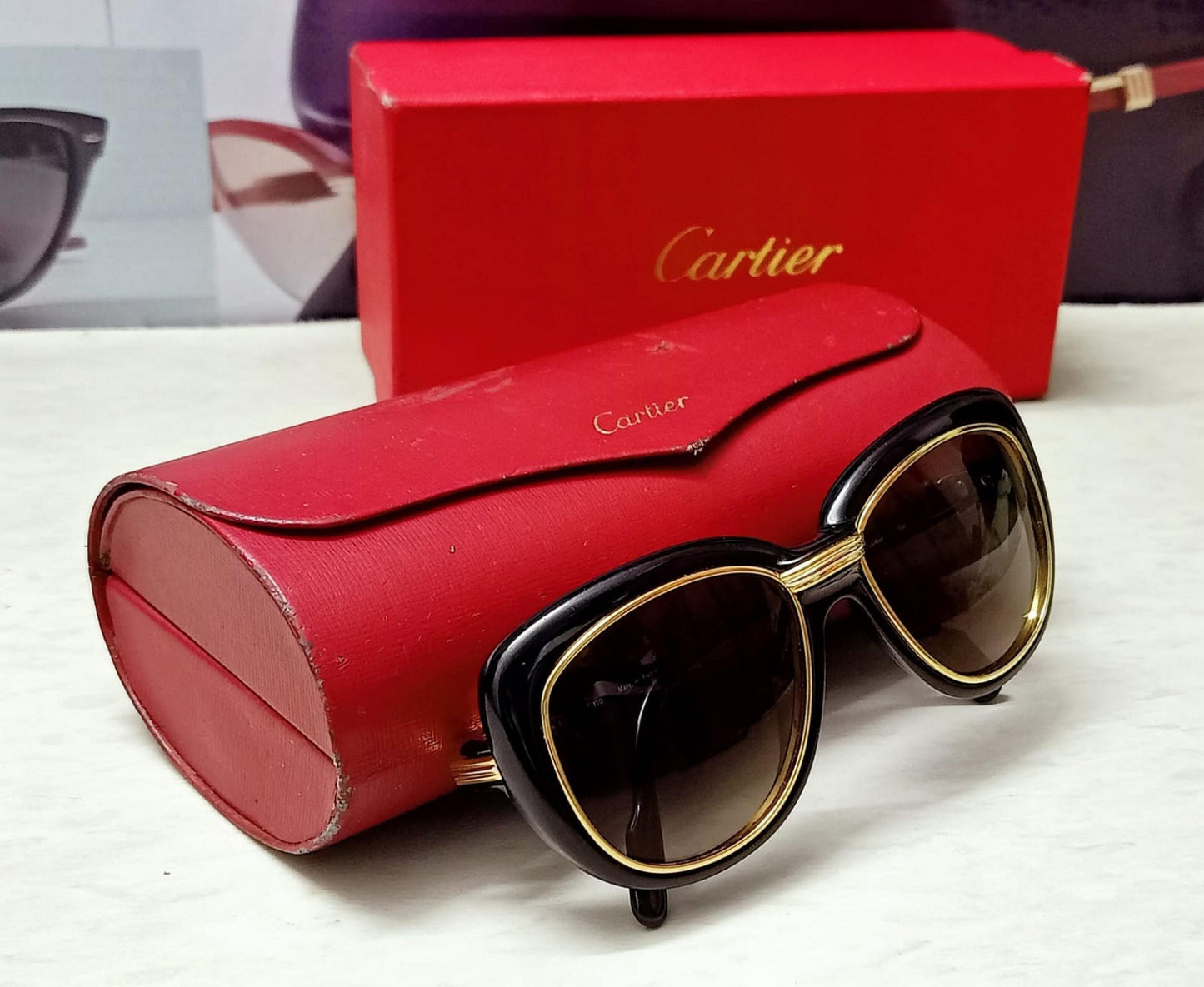 Excellent Authentic Cartier Conquete Sunglasses C. Black & Gold boxed Authentic Cartier Lenses