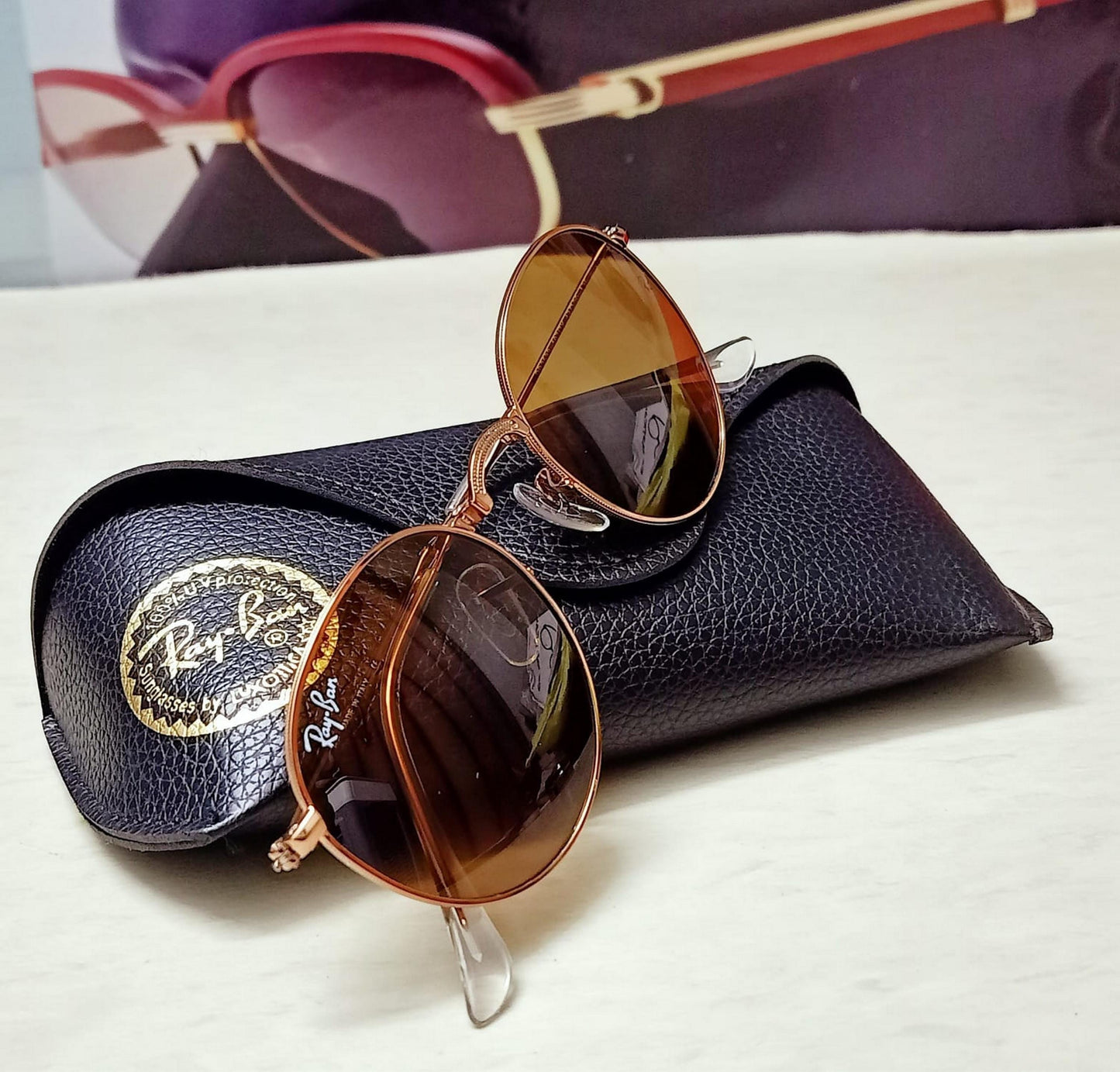 Ray Ban Pink Gold (Bronze) Foldable Round Sunglasses RB 3532 Glass Made in Italy Rare Original Rayban Lenses sunglasses