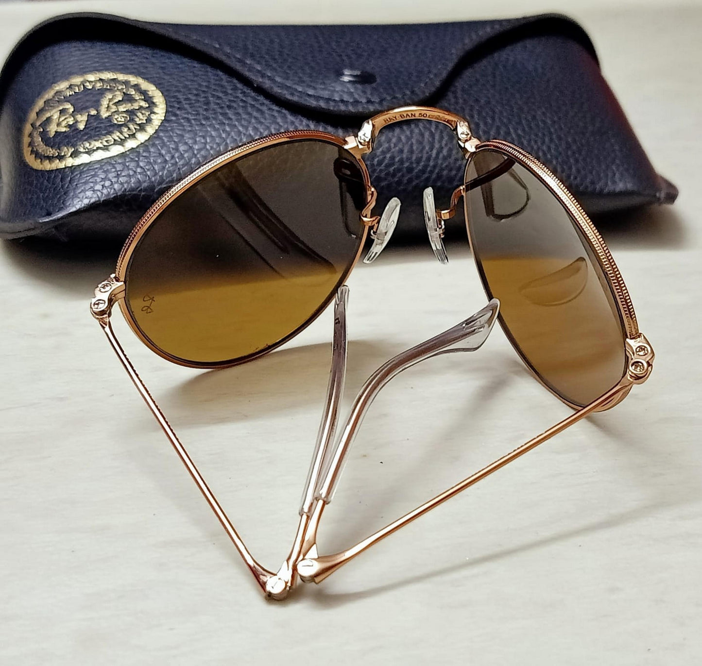 Ray Ban Pink Gold (Bronze) Foldable Round Sunglasses RB 3532 Glass Made in Italy Rare Original Rayban Lenses sunglasses