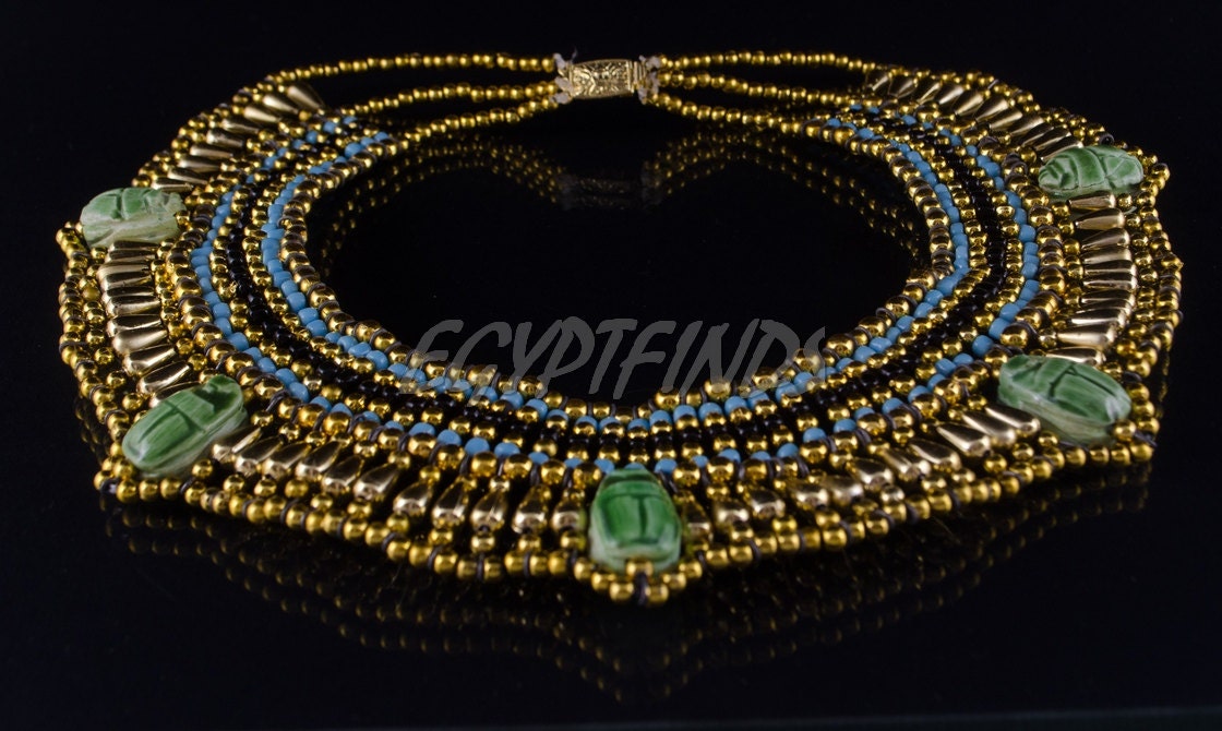Egyptian Beaded 5 Scarabs Cleopatra Scarab Necklace Collar