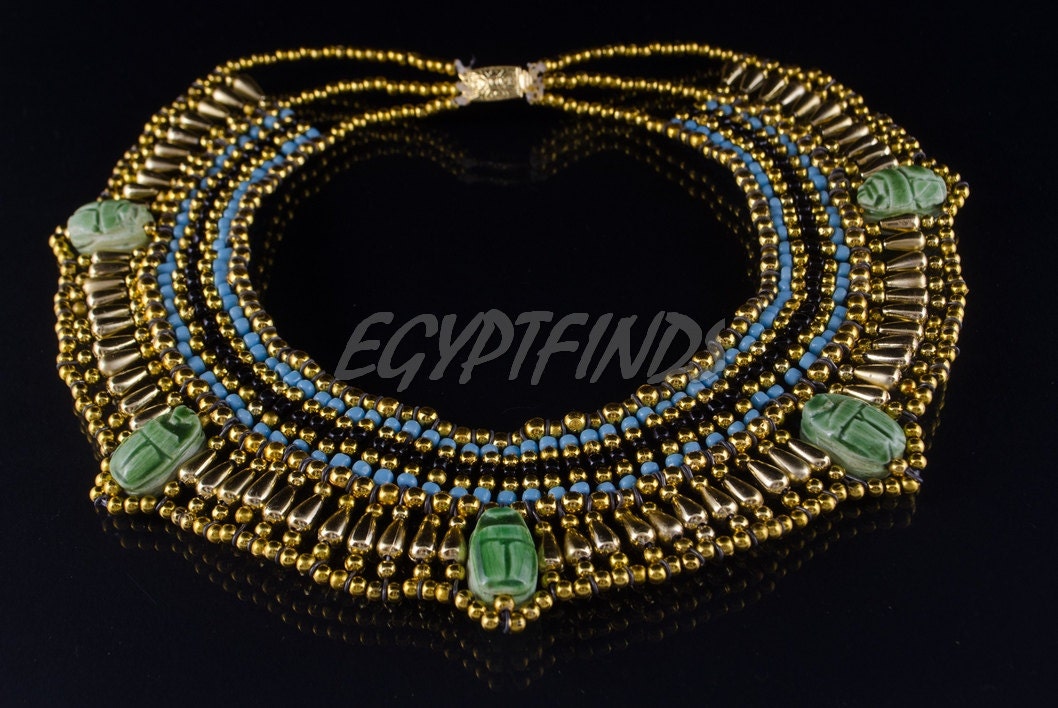 Egyptian Beaded 5 Scarabs Cleopatra Scarab Necklace Collar