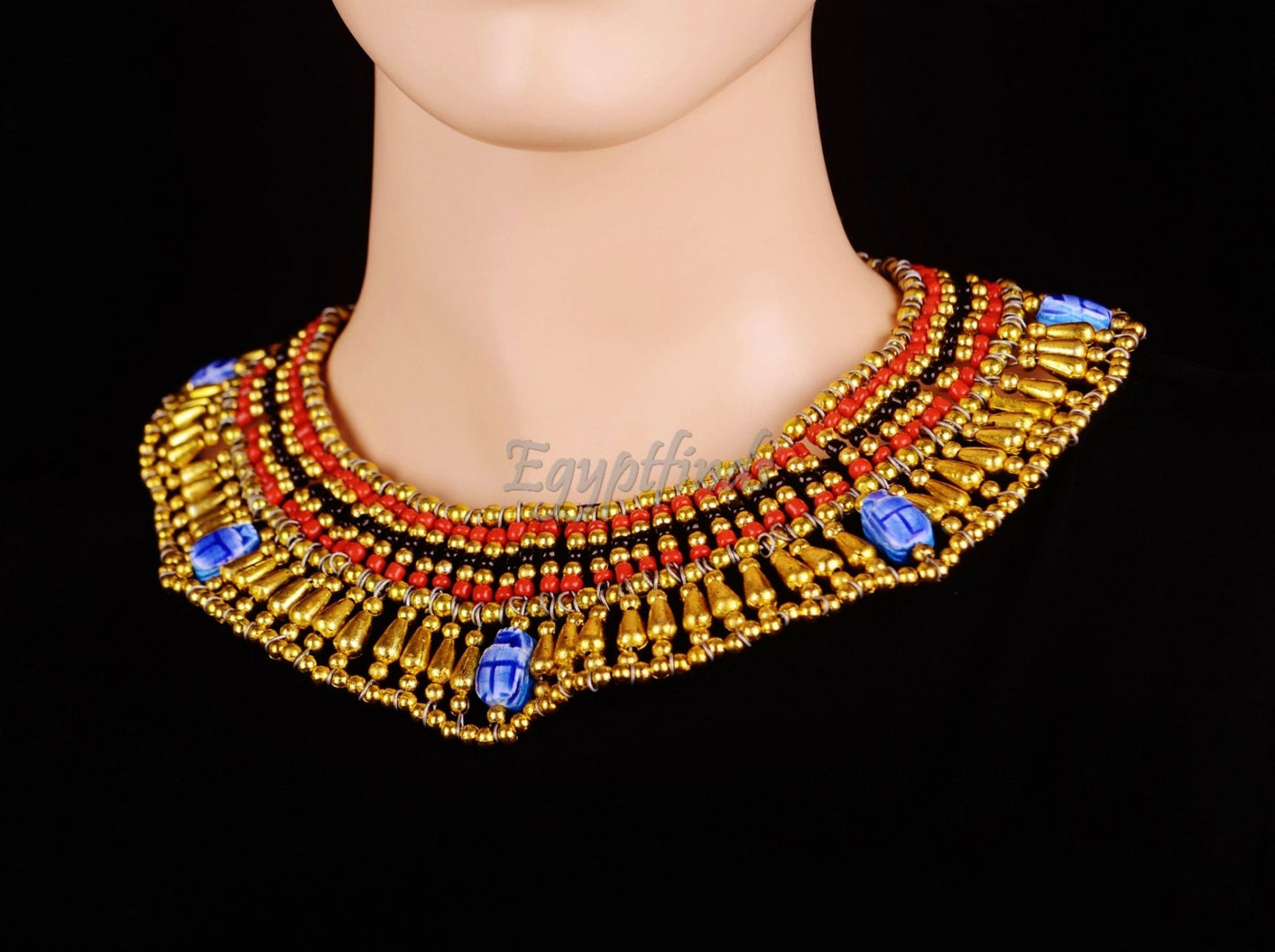 Pretty Egyptian Hand Made Red Cleopatra 5 Scarabs Necklace scarab Collar Egyptian Jewelry beaded Collar Khepri Necklace Khepri