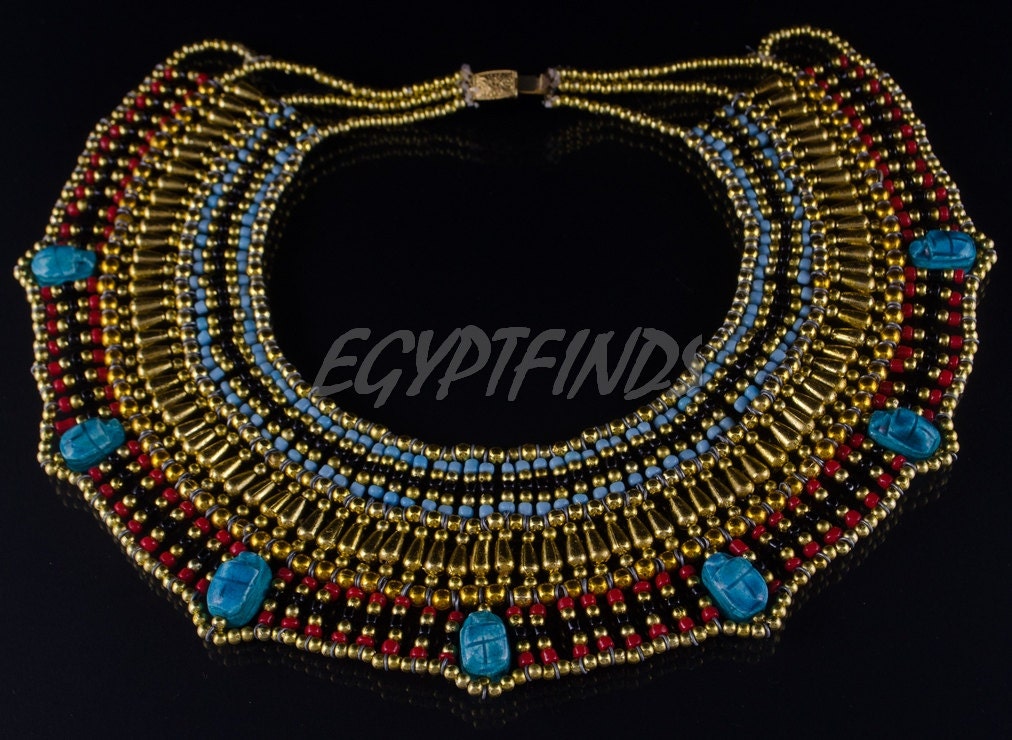 Beautiful Egyptian Beaded Cleopatra 7 Scarabs Necklace Collar