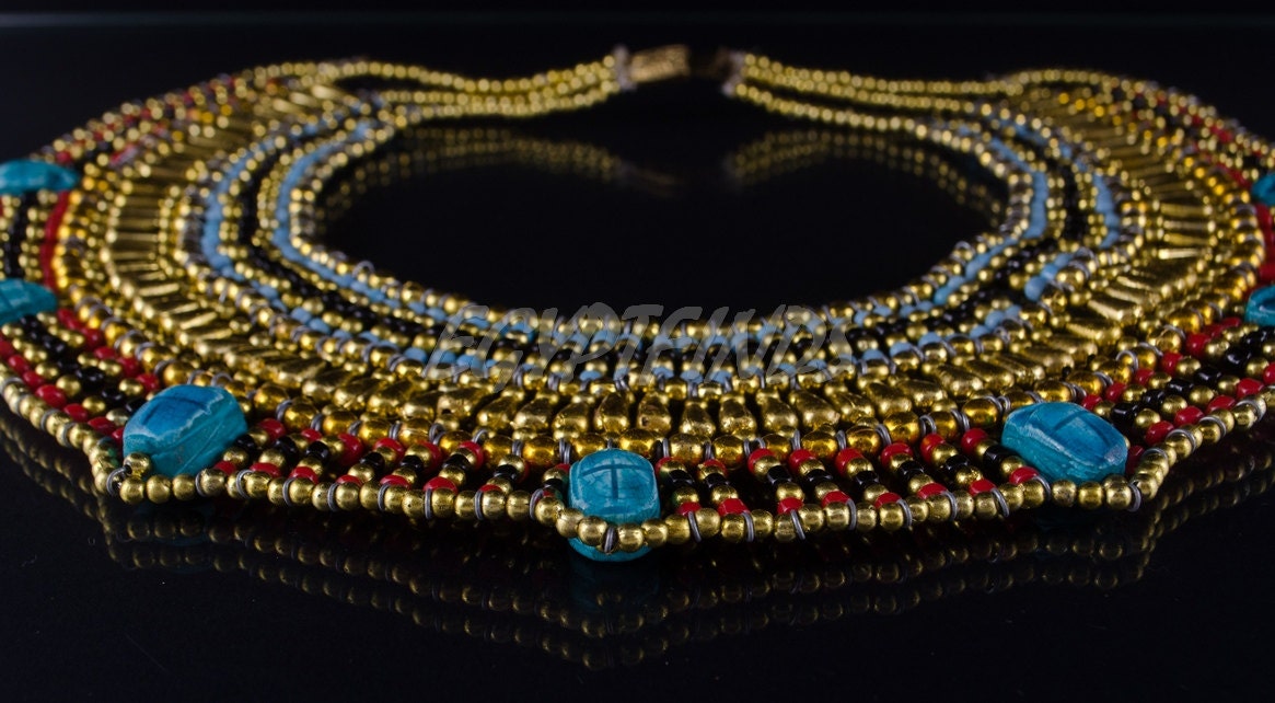 Beautiful Egyptian Beaded Cleopatra 7 Scarabs Necklace Collar