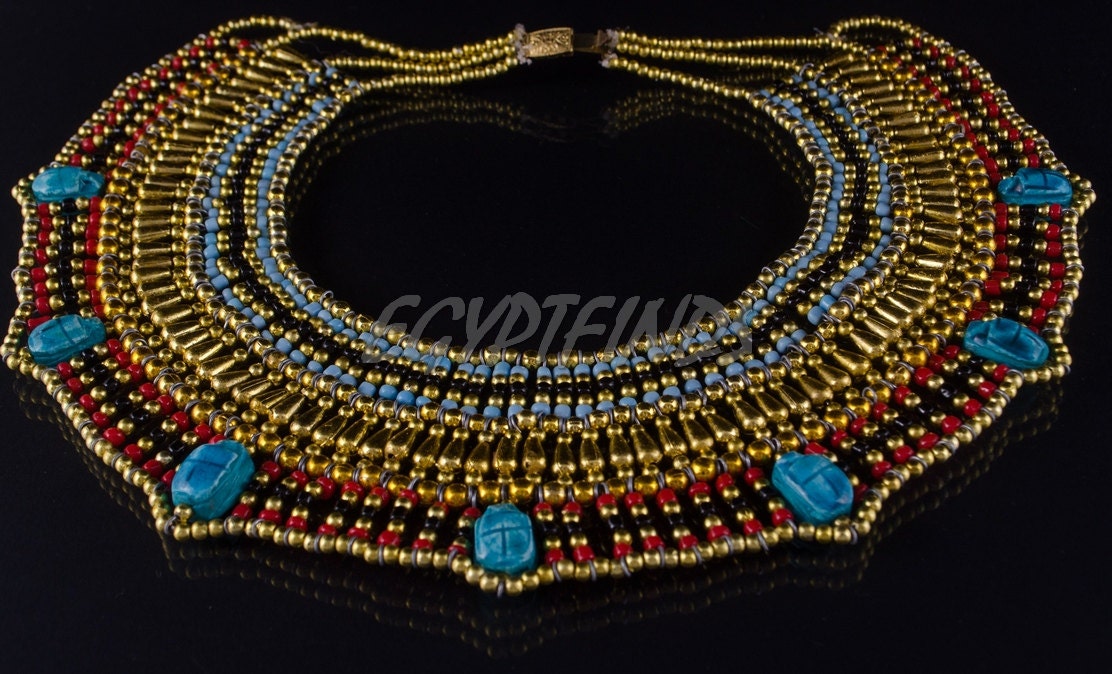 Beautiful Egyptian Beaded Cleopatra 7 Scarabs Necklace Collar