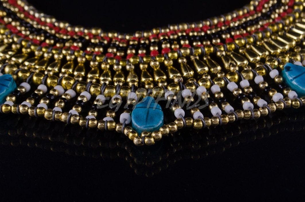 Delightful Egyptian Beaded Cleopatra 7 Scarabs Necklace Collar
