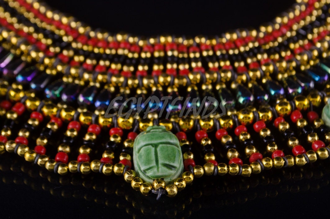DazzlingEgyptian Beaded Cleopatra 7 Scarabs Necklace Collar