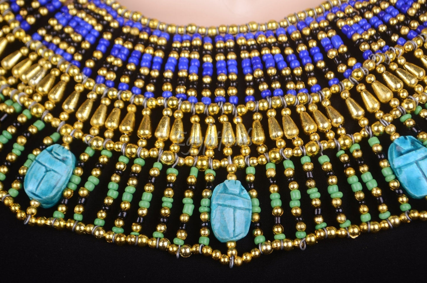 Lovely Egyptian Beaded Cleopatra 9 Scarabs Necklace Collar