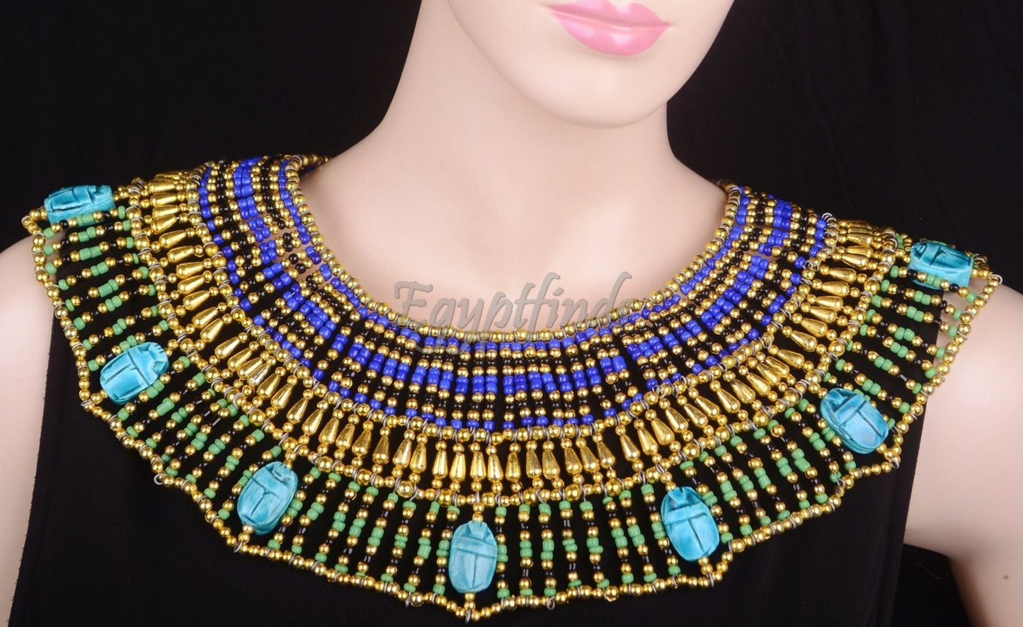Lovely Egyptian Beaded Cleopatra 9 Scarabs Necklace Collar