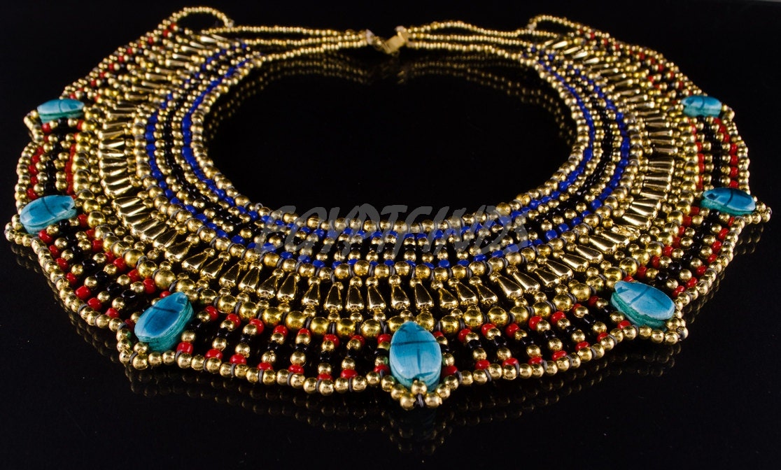 Egyptian Beaded Cleopatra 9 Scarabs Necklace Collar