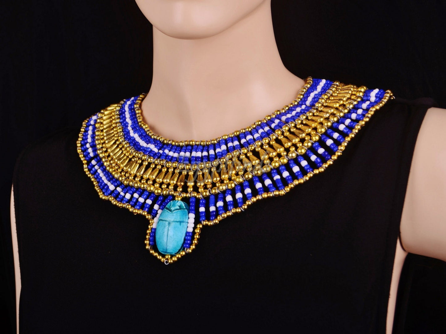 Alluring Egyptian Beaded Cleopatra Large Scarabs Necklace Collar
