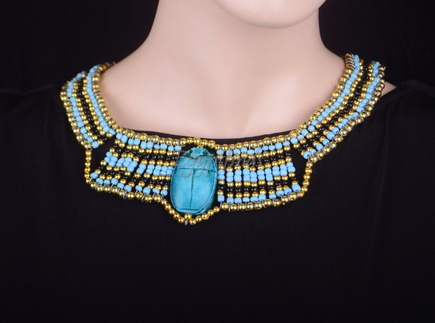 Egyptian Beaded Cleopatra Large Scarab Necklace Collar