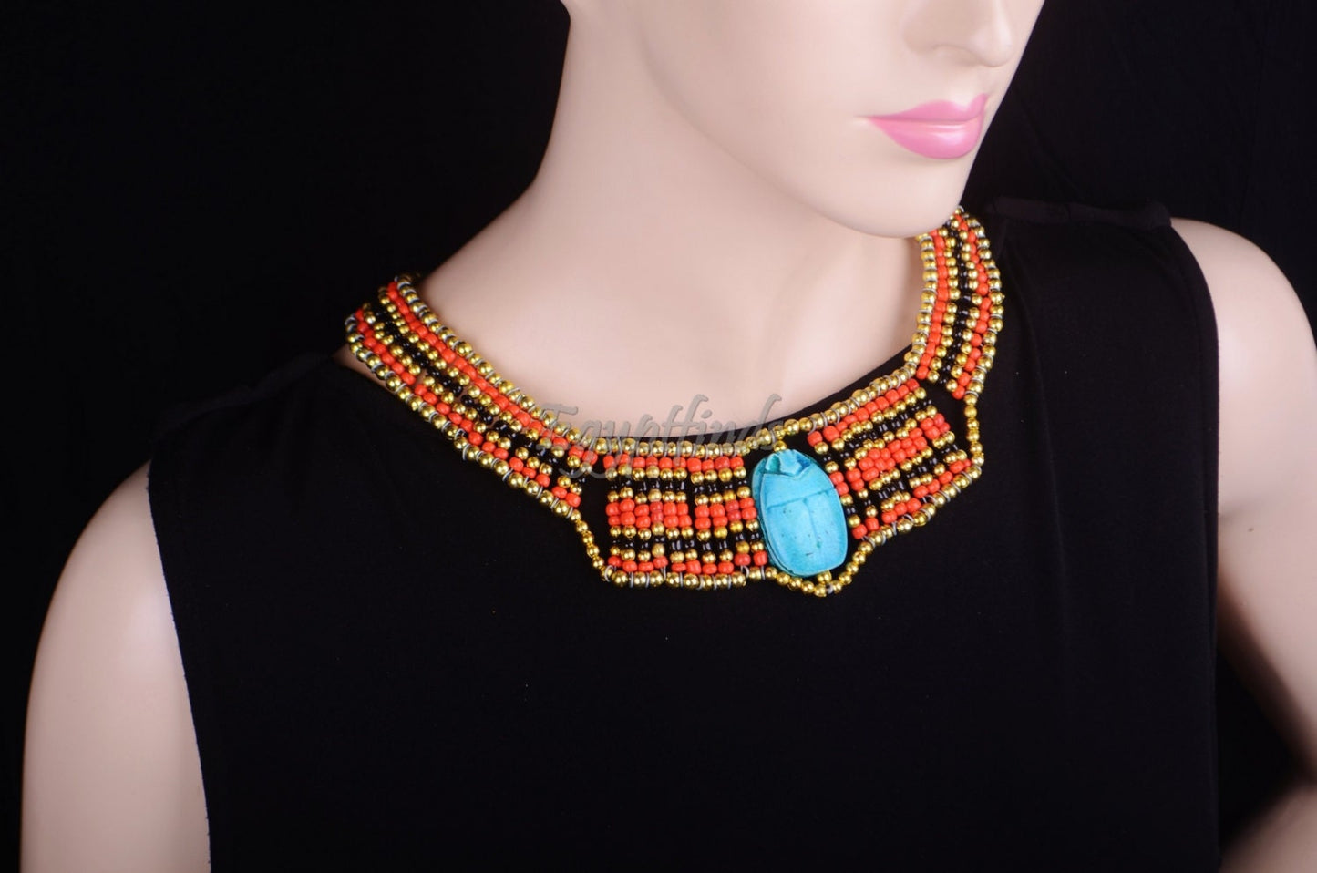 Egyptian Beaded Cleopatra Large Scarab Necklace Collar Halloween