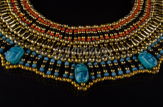 Gorgeous Egyptian Beaded Cleopatra 7 Scarabs Necklace Collar