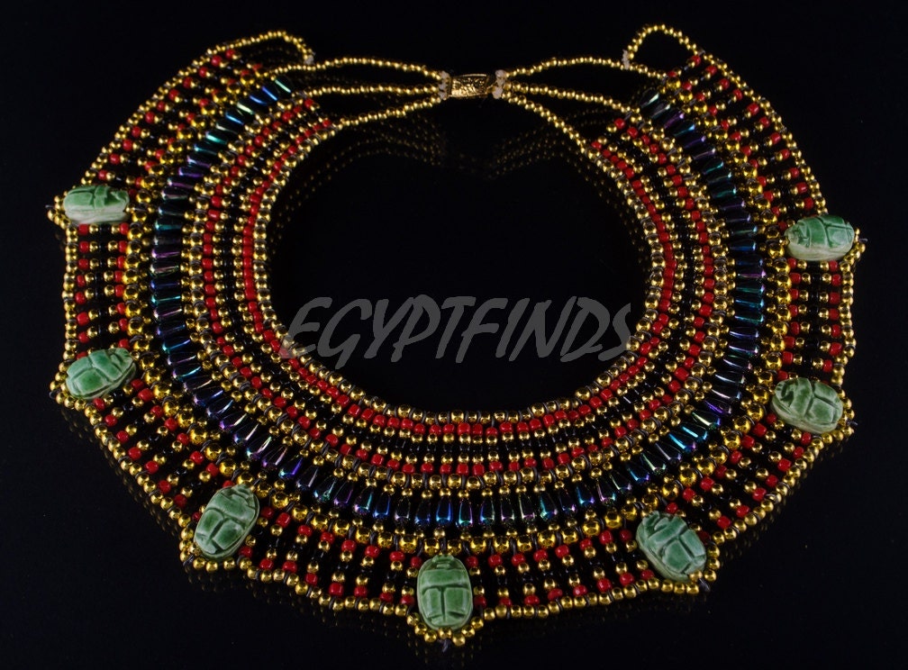 DazzlingEgyptian Beaded Cleopatra 7 Scarabs Necklace Collar