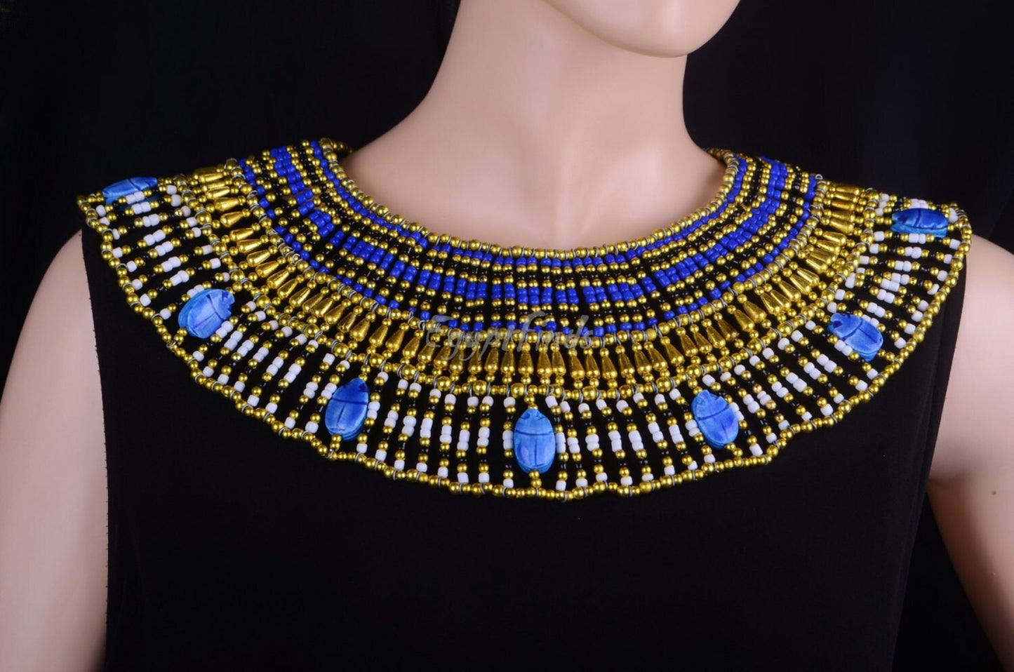 Charming Egyptian Beaded Cleopatra 9 Scarabs Necklace Collar