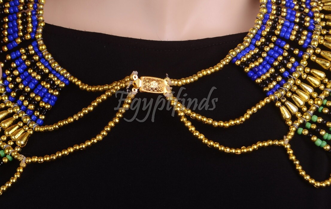 Lovely Egyptian Beaded Cleopatra 9 Scarabs Necklace Collar