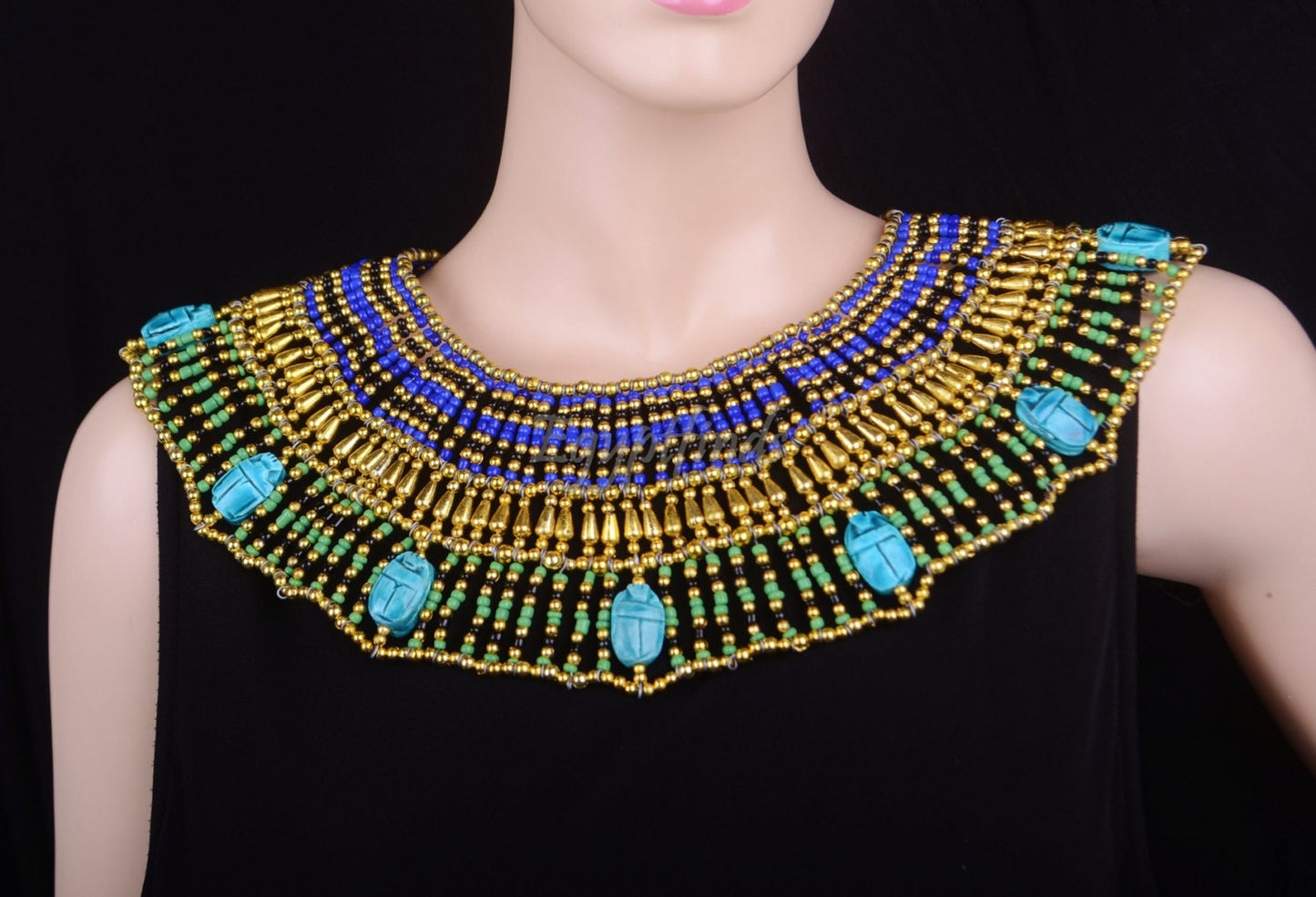 Lovely Egyptian Beaded Cleopatra 9 Scarabs Necklace Collar