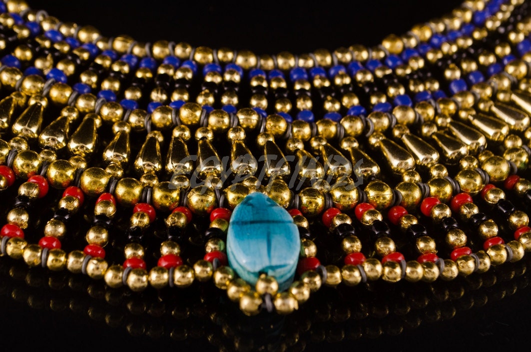 Egyptian Beaded Cleopatra 9 Scarabs Necklace Collar