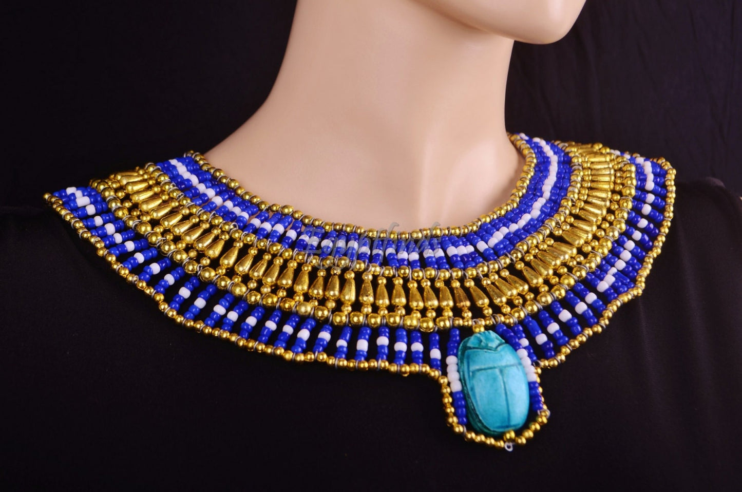 Alluring Egyptian Beaded Cleopatra Large Scarabs Necklace Collar