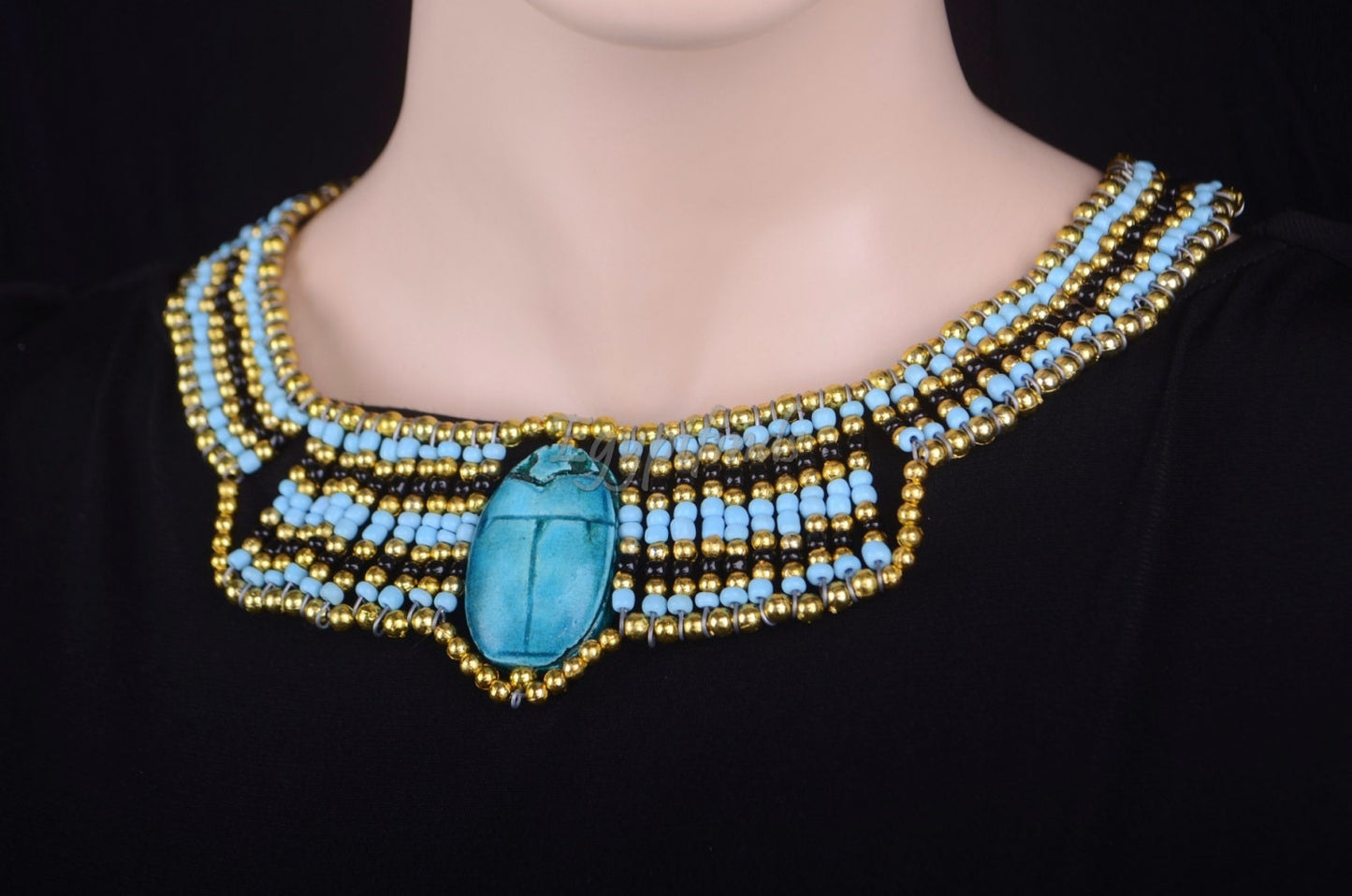 Egyptian Beaded Cleopatra Large Scarab Necklace Collar