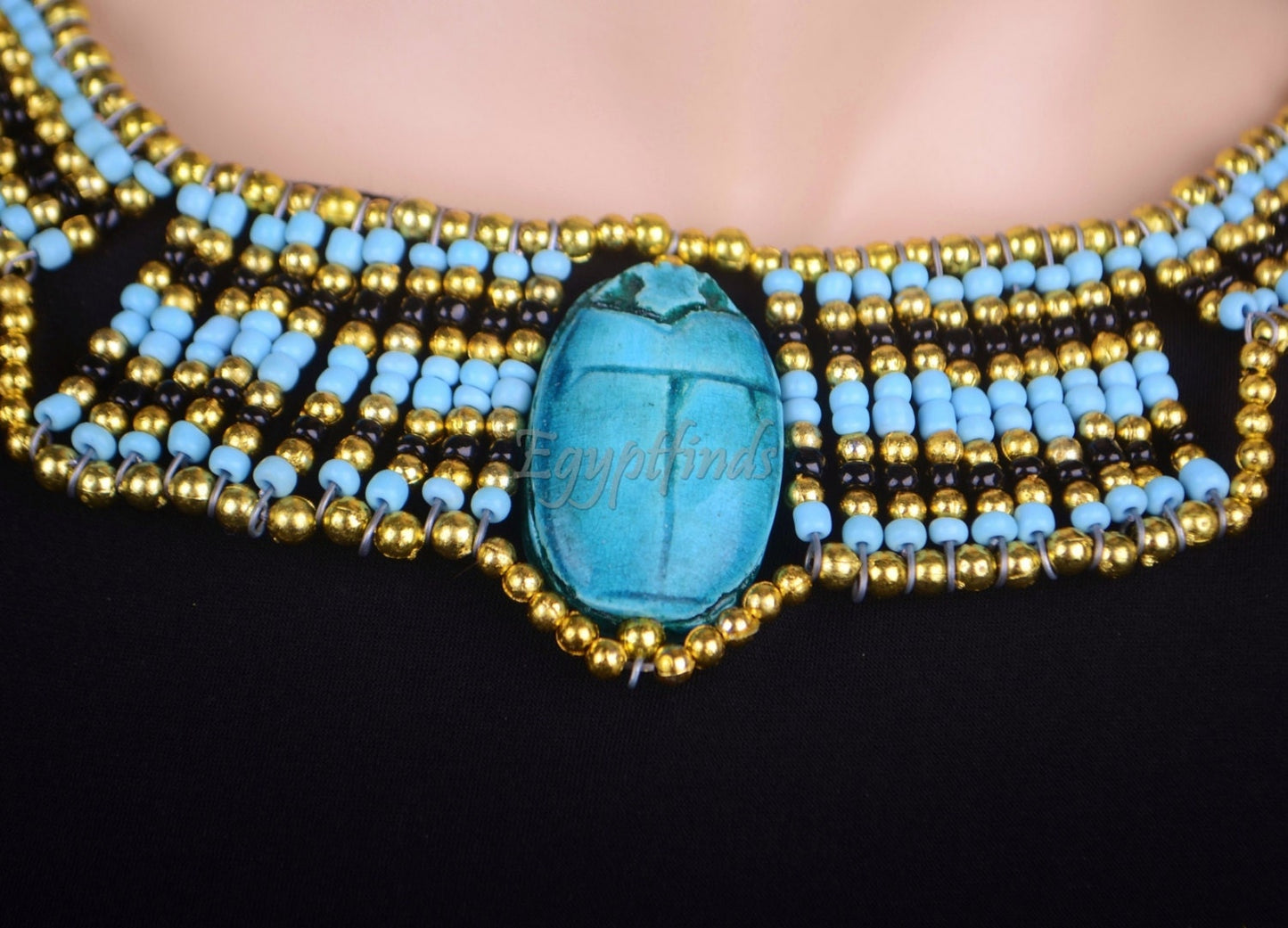 Egyptian Beaded Cleopatra Large Scarab Necklace Collar
