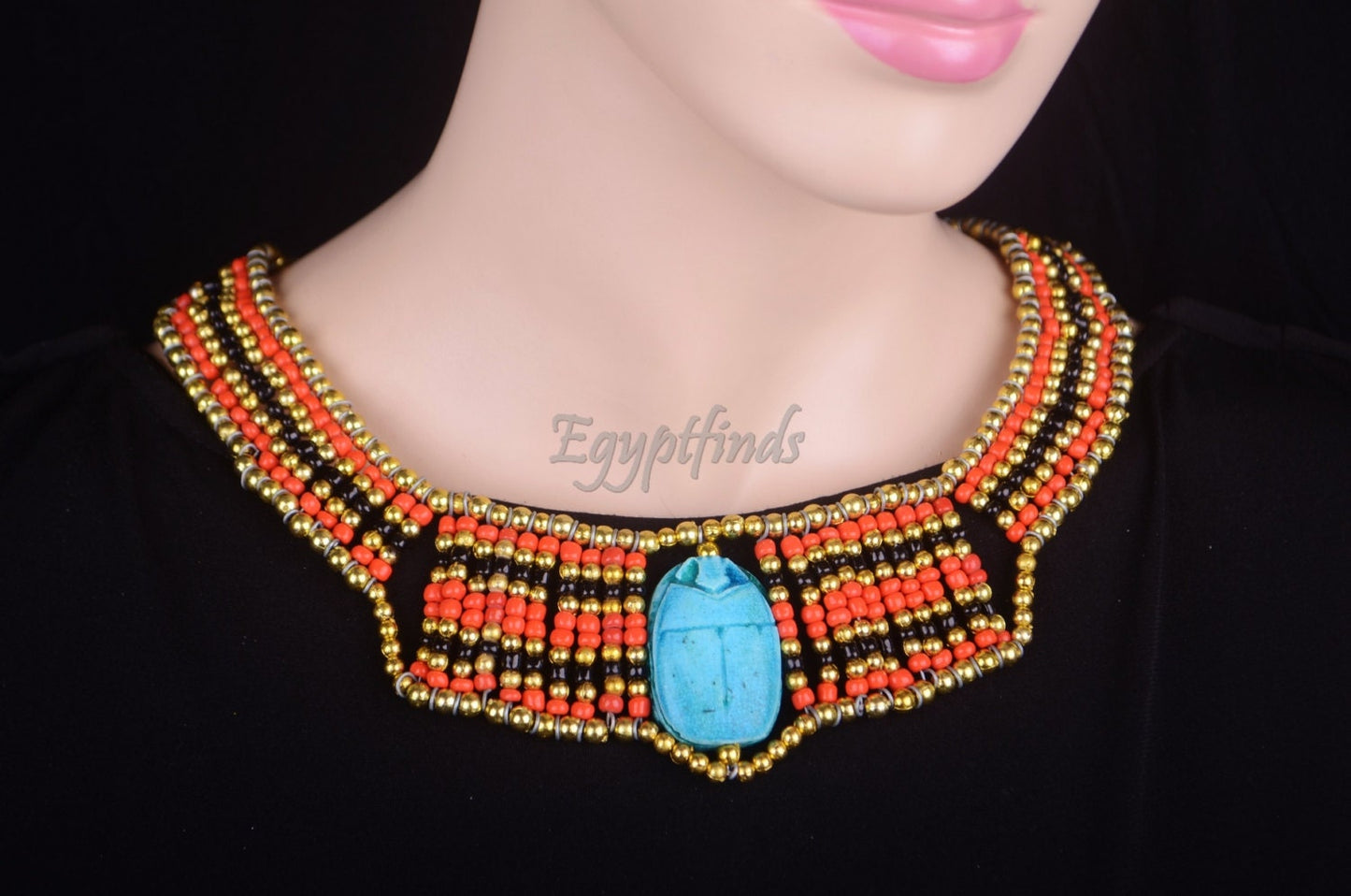 Egyptian Beaded Cleopatra Large Scarab Necklace Collar Halloween