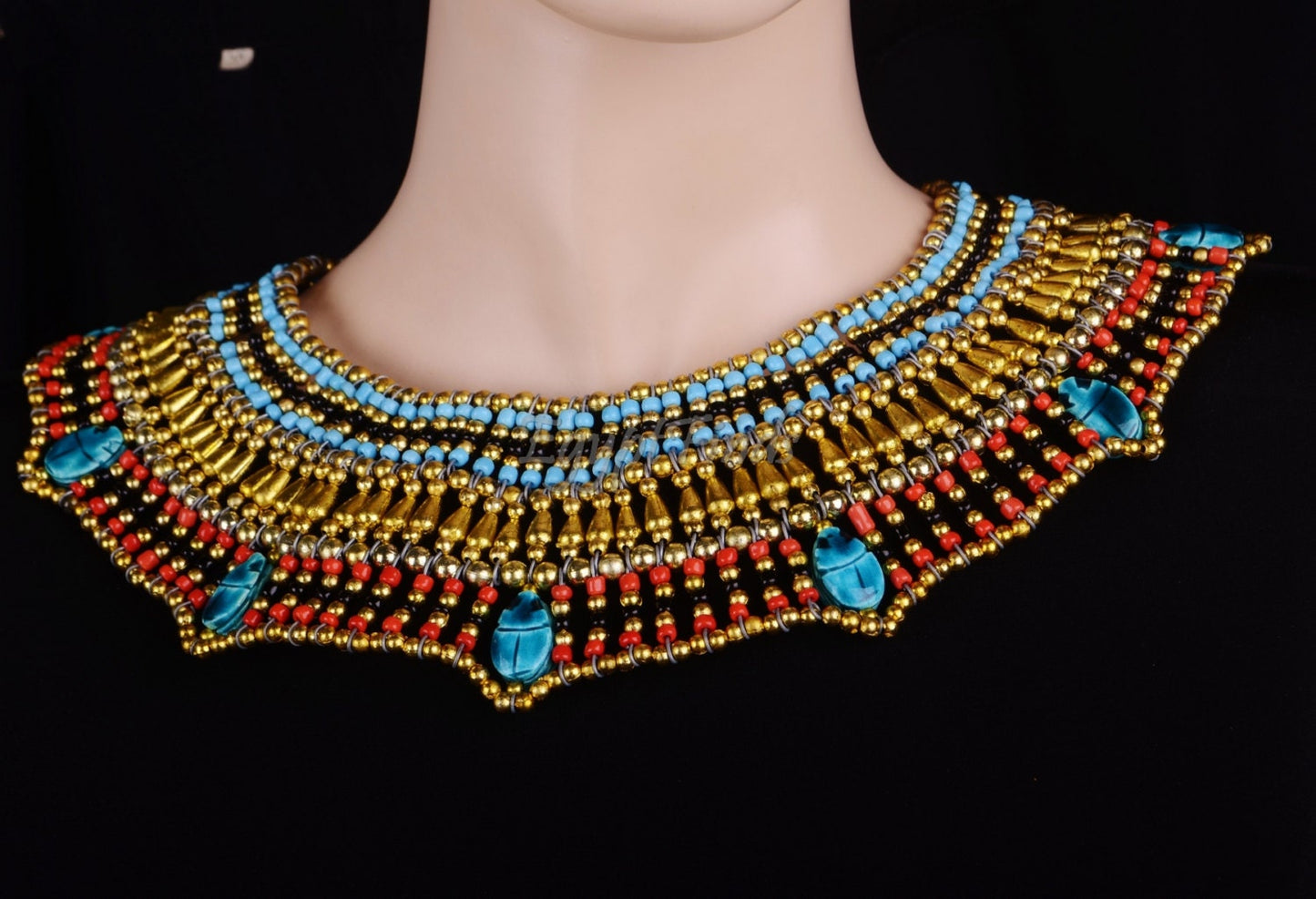 Pretty Egyptian Beaded Cleopatra 7 Scarabs Necklace Collar