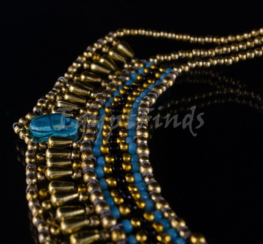 Beautiful Egyptian Beaded 5 Scarabs Cleopatra Scarab Necklace Collar & Bracelet