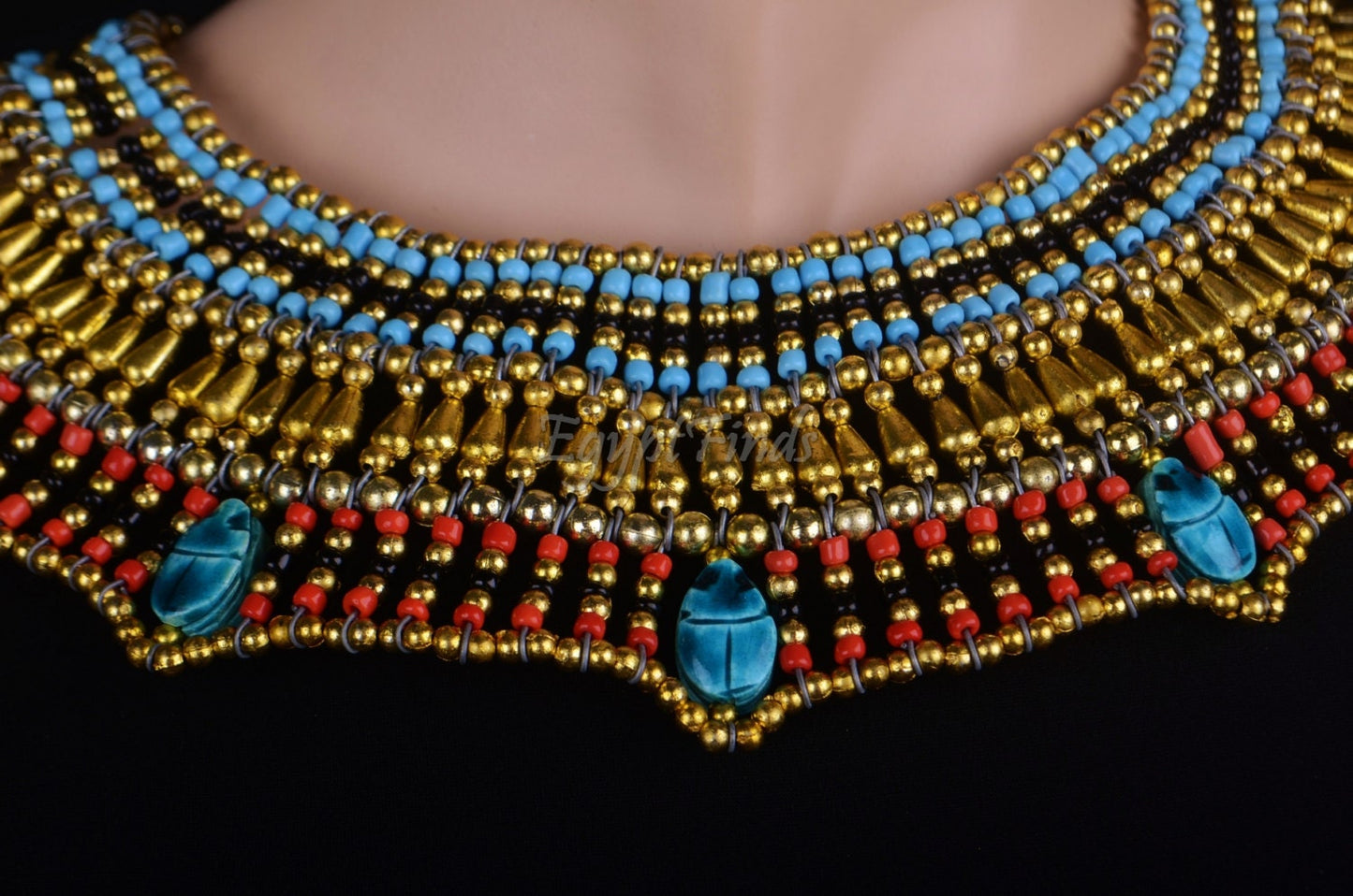 Pretty Egyptian Beaded Cleopatra 7 Scarabs Necklace Collar