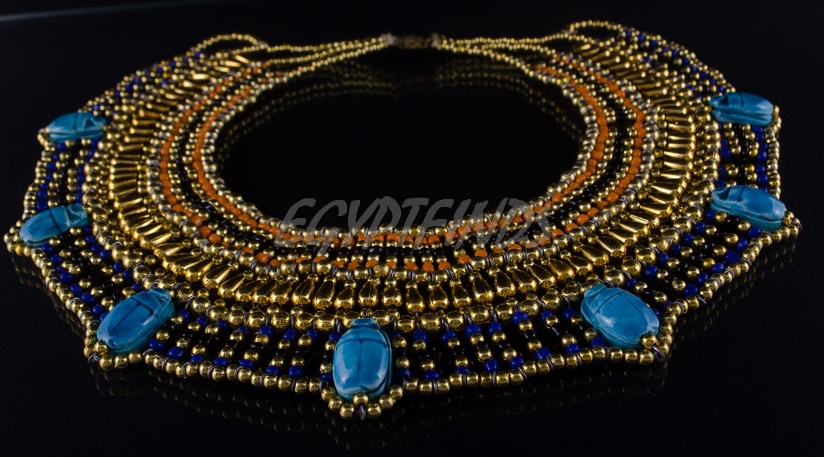 Superb Egyptian Beaded Cleopatra 7 Scarabs Necklace Collar scarab Collar Egyptian Jewelry beaded Collar Khepri Necklace Khepri