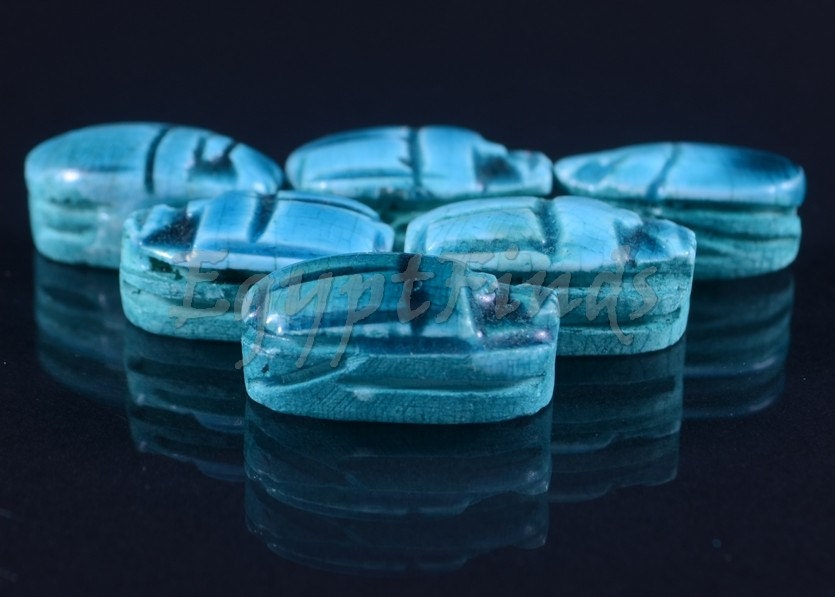 6 Egyptian Commemorative Small Hand Made Carved Luck Scarabs With Hieroglyphic