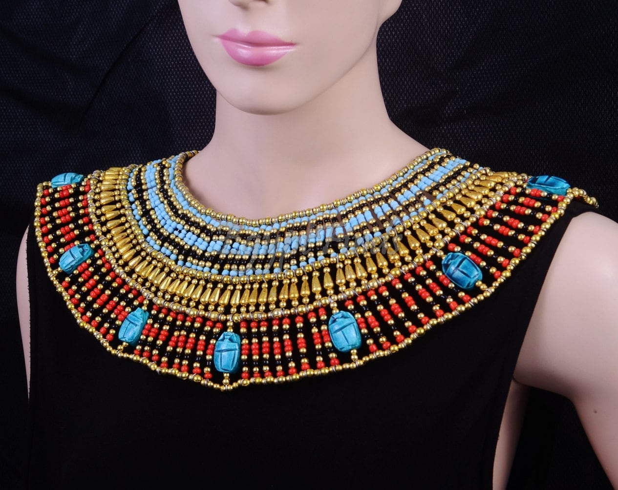Lovely Ancient Egyptian Beaded Cleopatra 9 Scarabs Necklace Collar