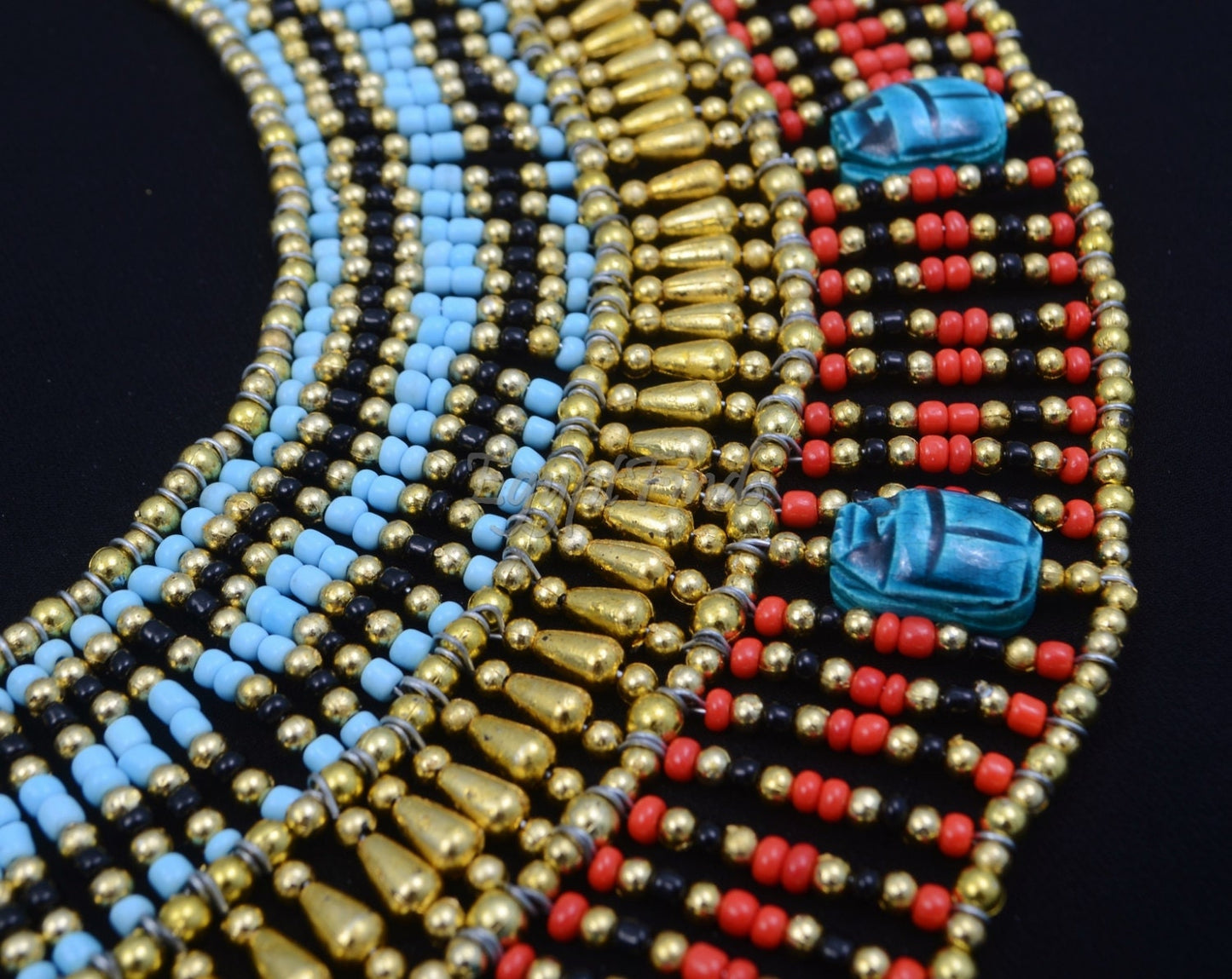 Lovely Ancient Egyptian Beaded Cleopatra 9 Scarabs Necklace Collar