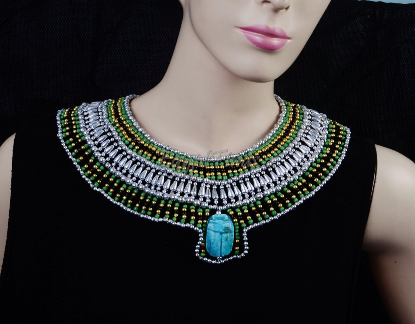 Attractive Ancient Egyptian Beaded Cleopatra Large Scarab Necklace Collar
