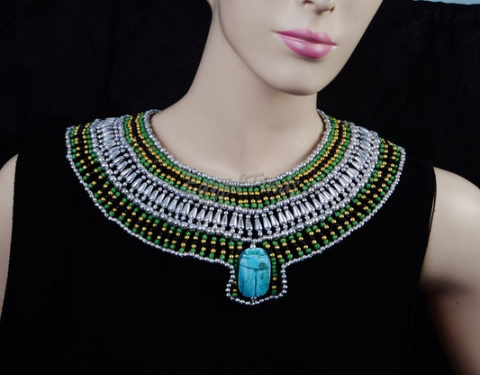Attractive Ancient Egyptian Beaded Cleopatra Large Scarab Necklace Collar