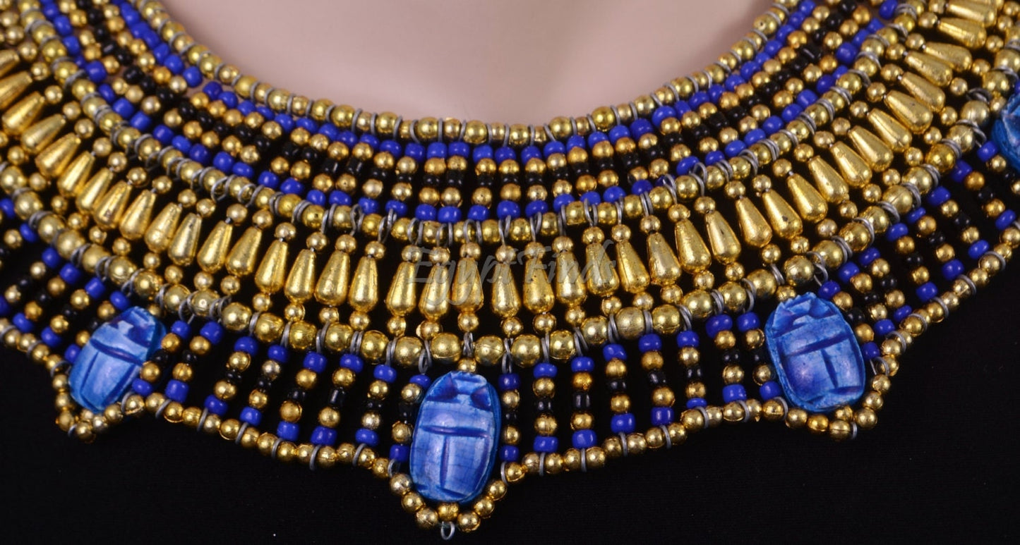Stunning Ancient Egyptian Beaded Cleopatra 7 Scarabs Necklace Collar