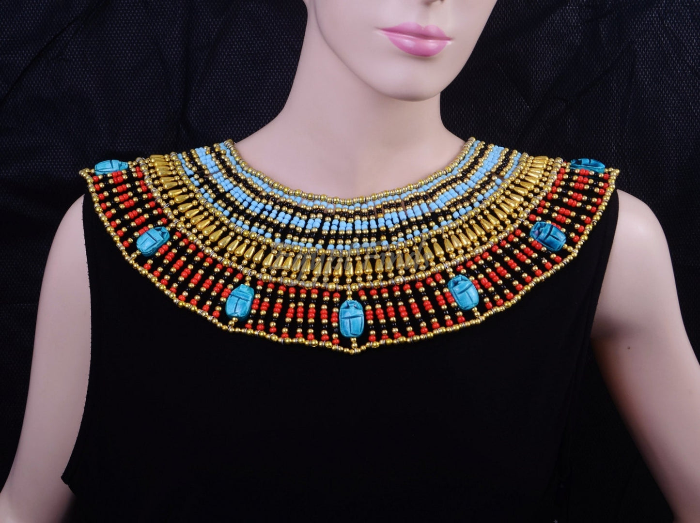Lovely Ancient Egyptian Beaded Cleopatra 9 Scarabs Necklace Collar