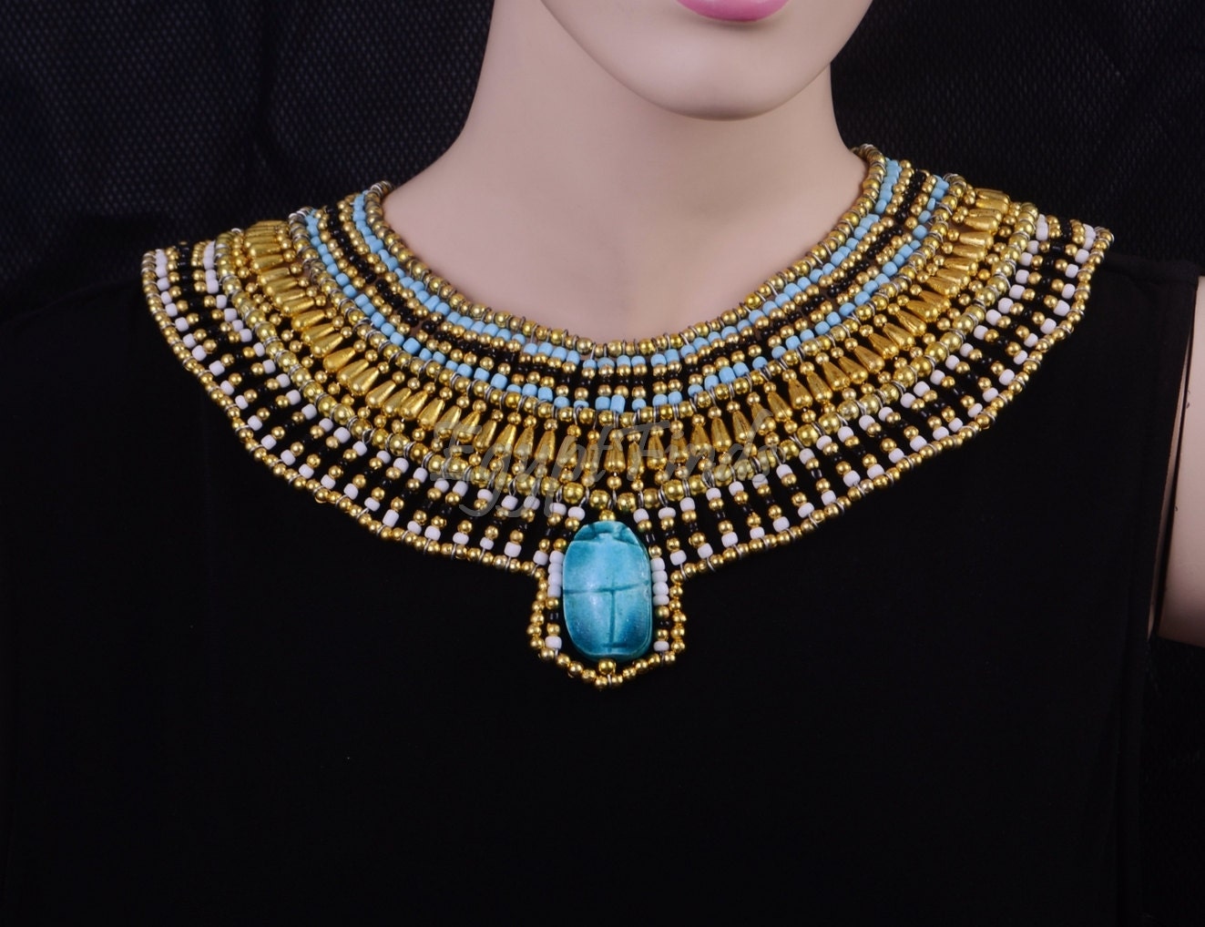 Alluring Ancient Egyptian Beaded Cleopatra Large Scarabs Necklace Collar