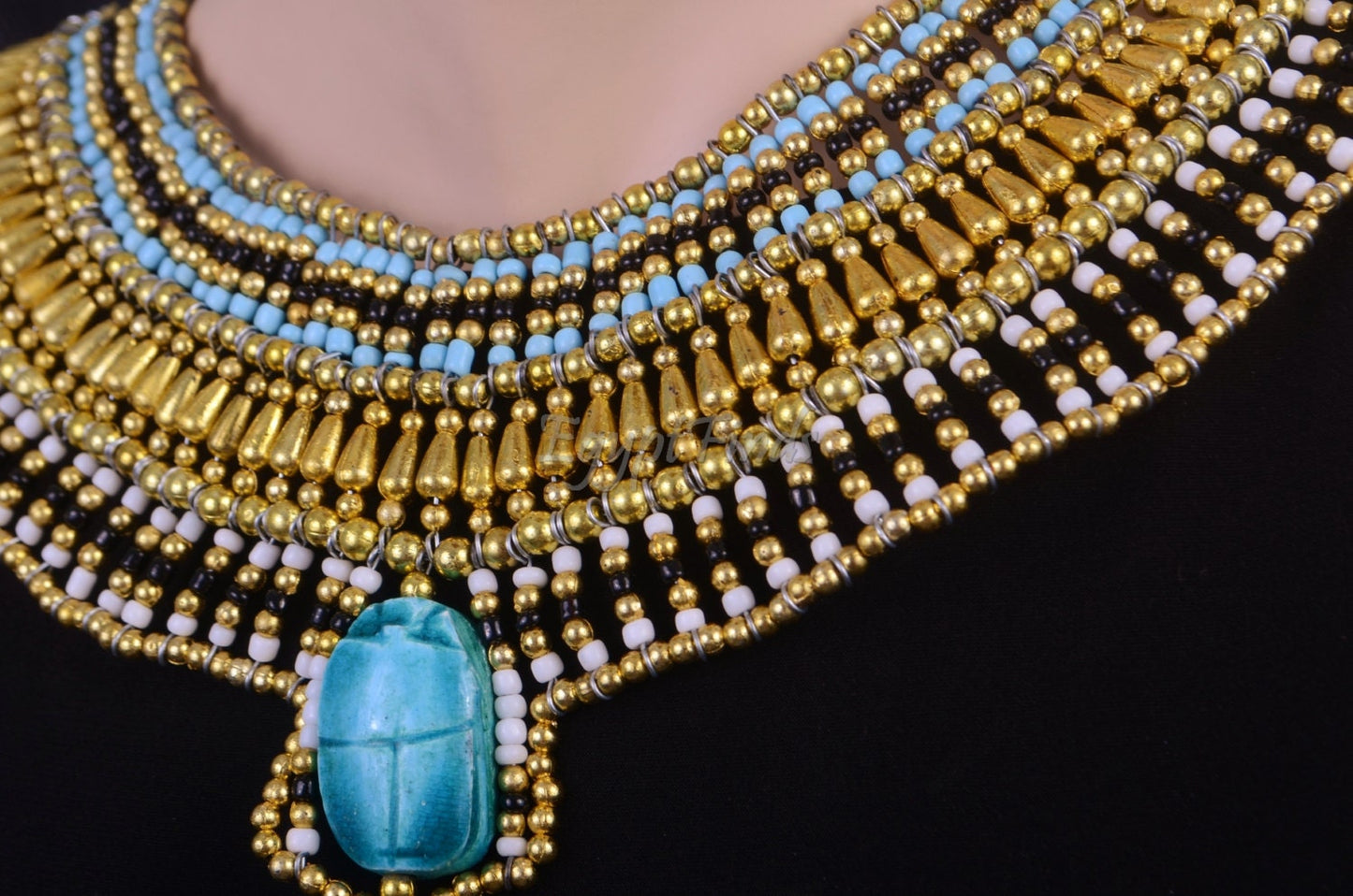 Alluring Ancient Egyptian Beaded Cleopatra Large Scarabs Necklace Collar