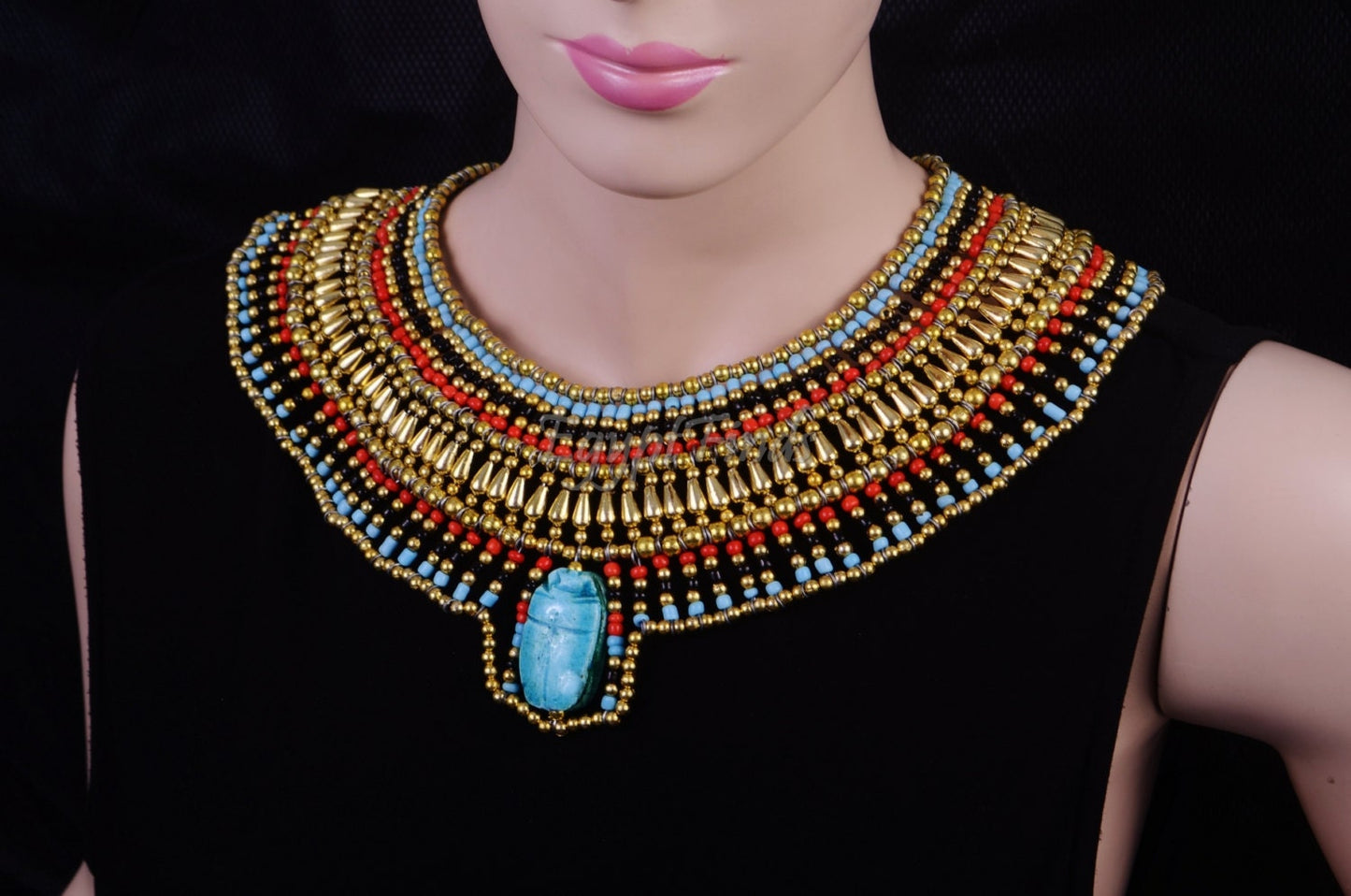 Cute Ancient Egyptian Beaded Cleopatra Large Scarab Necklace Collar