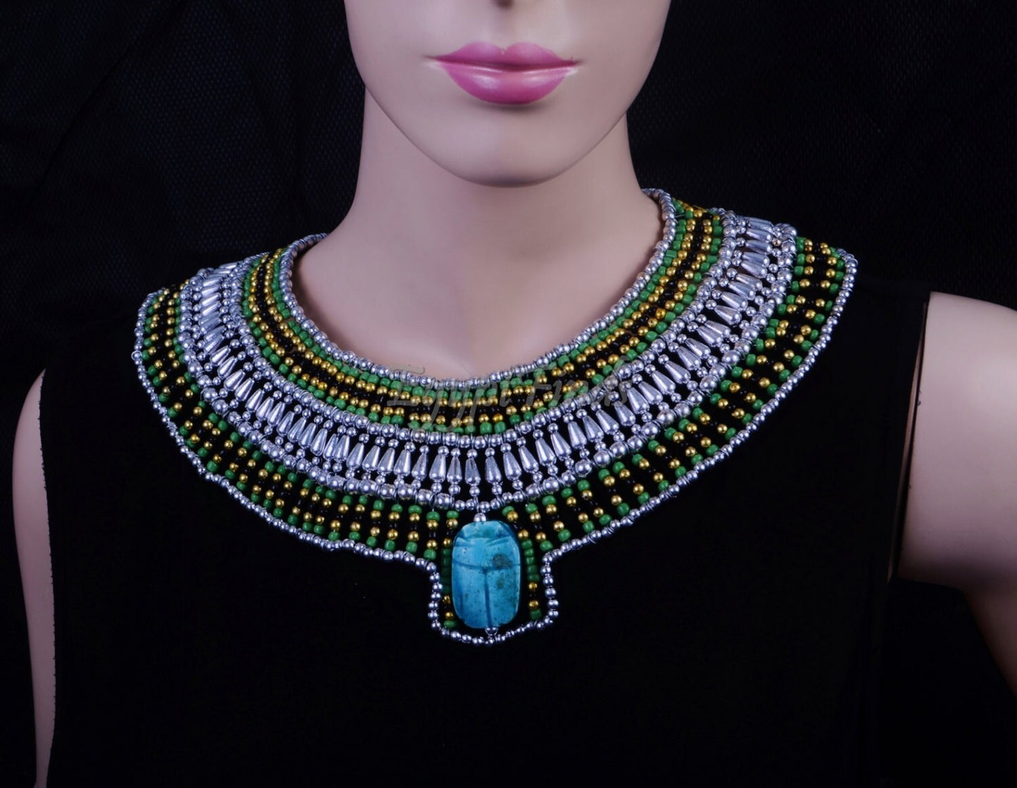 Attractive Ancient Egyptian Beaded Cleopatra Large Scarab Necklace Collar